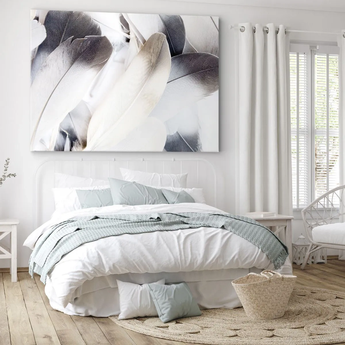 Cuadro sobre lienzo - Impresión de Imagen - Primer plano de delicadas plumas en tonos blancos y grises. - 70x50cm - Casi angelical - Decoración de pared moderna para salón y dormitorio ARTTOR