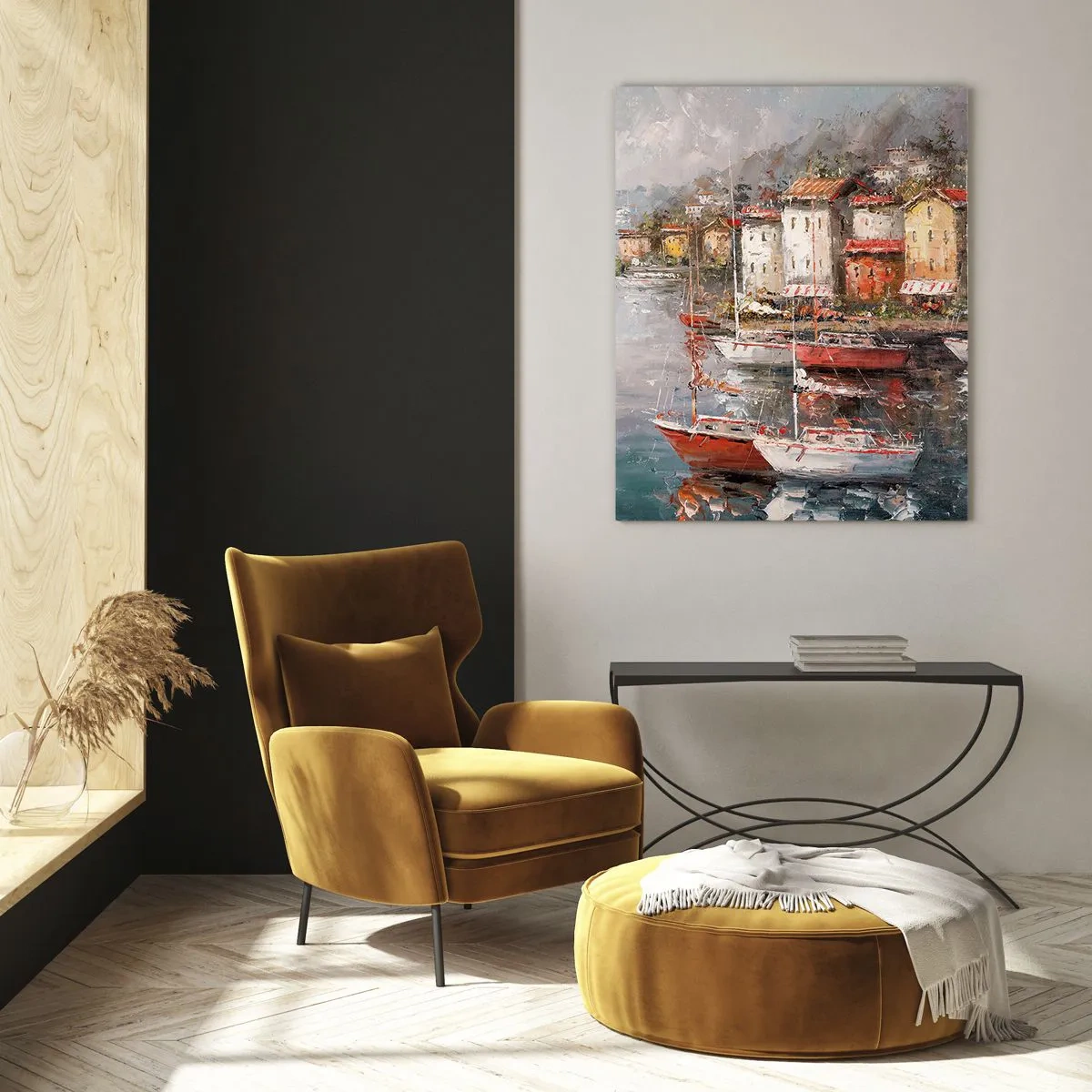 Cuadro sobre vidrio - Impresiones sobre Vidrio - Un puerto pintoresco con veleros y casas coloridas. - 50x70cm - Un refugio romántico - Decoración de pared moderna para salón y dormitorio ARTTOR