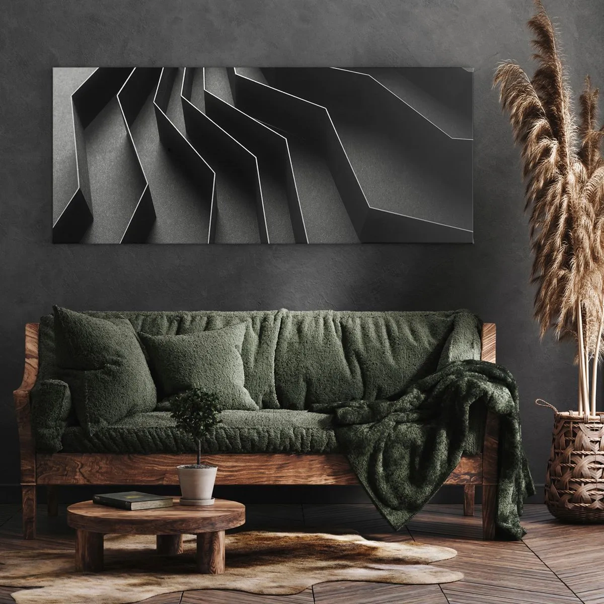 Cuadro sobre lienzo - Impresión de Imagen - Abstracción en blanco y negro con estructuras geométricas. - 160x50cm - Orden espacial - Decoración de pared moderna para salón y dormitorio ARTTOR