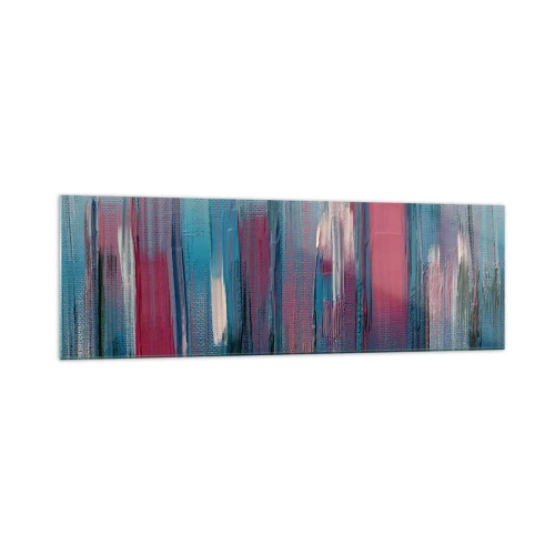 Cuadro sobre vidrio - Impresiones sobre Vidrio - Formas verticales abstractas en tonos azules y rojos. - 160x50cm - Composición vertical en azul y rojo - Decoración de pared moderna para salón y dormitorio ARTTOR