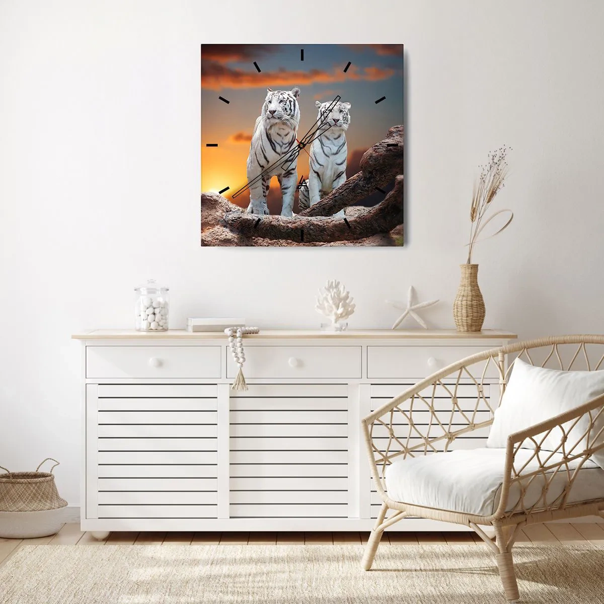 Reloj de pared - Reloj de vidrio - Tigres blancos al atardecer con la naturaleza como telón de fondo - 30x30cm - Como en Narnia - Decoración de pared moderna para salón y dormitorio ARTTOR