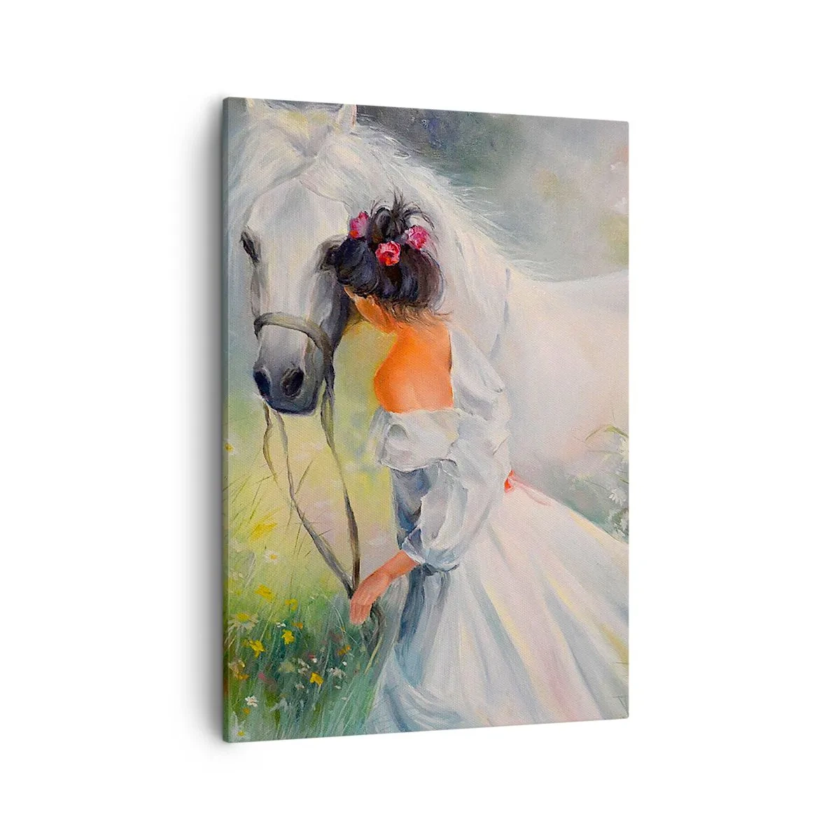 Cuadro sobre lienzo - Impresión de Imagen - Una mujer con un caballo blanco en un entorno pintoresco. - 50x70cm - Como si de un hermoso sueño se tratara - Decoración de pared moderna para salón y dormitorio ARTTOR