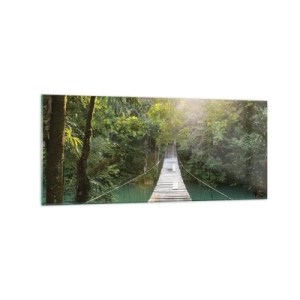 Cuadro sobre vidrio - Impresiones sobre Vidrio - Un puente colgante en un bosque tropical iluminado por la luz del sol. - 120x50cm - Sobre el agua azul hacia el bosque - Decoración de pared moderna para salón y dormitorio ARTTOR
