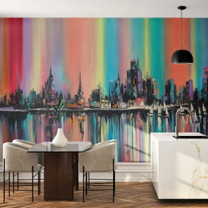 Fotomural Premium Sand - Panorama colorido de la ciudad - 100x70cm - Flota con la luz de la noche - Decoración de pared moderna para salón y dormitorio ARTTOR