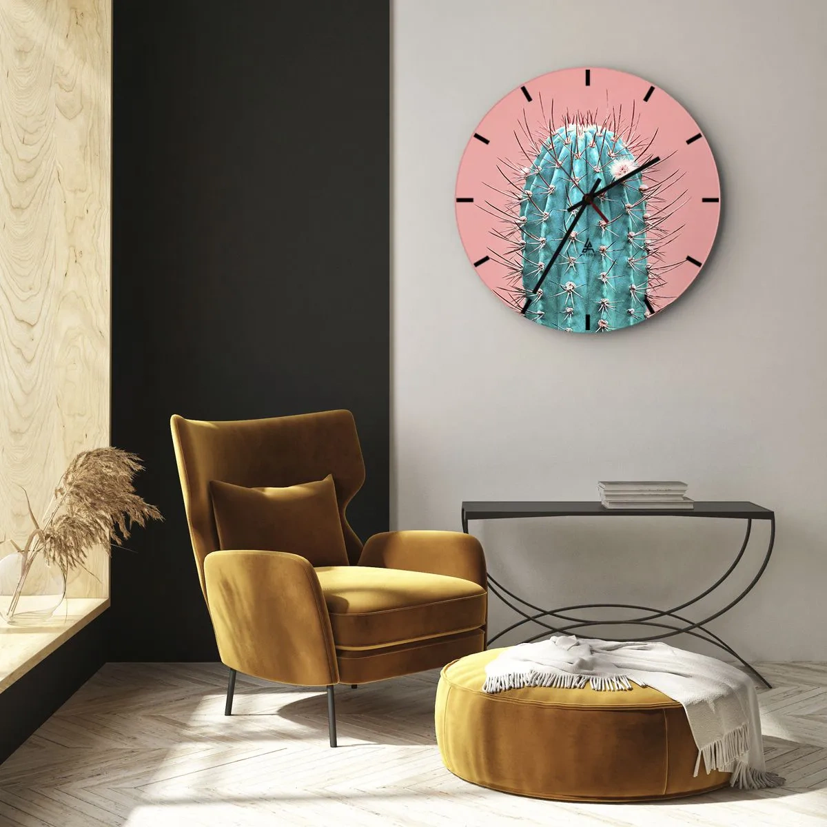 Reloj de pared - Reloj de vidrio - Primer plano de un cactus turquesa sobre un fondo rosa. - 30x30cm - Se mira, pero no se toca - Decoración de pared moderna para salón, cocina y dormitorio ARTTOR