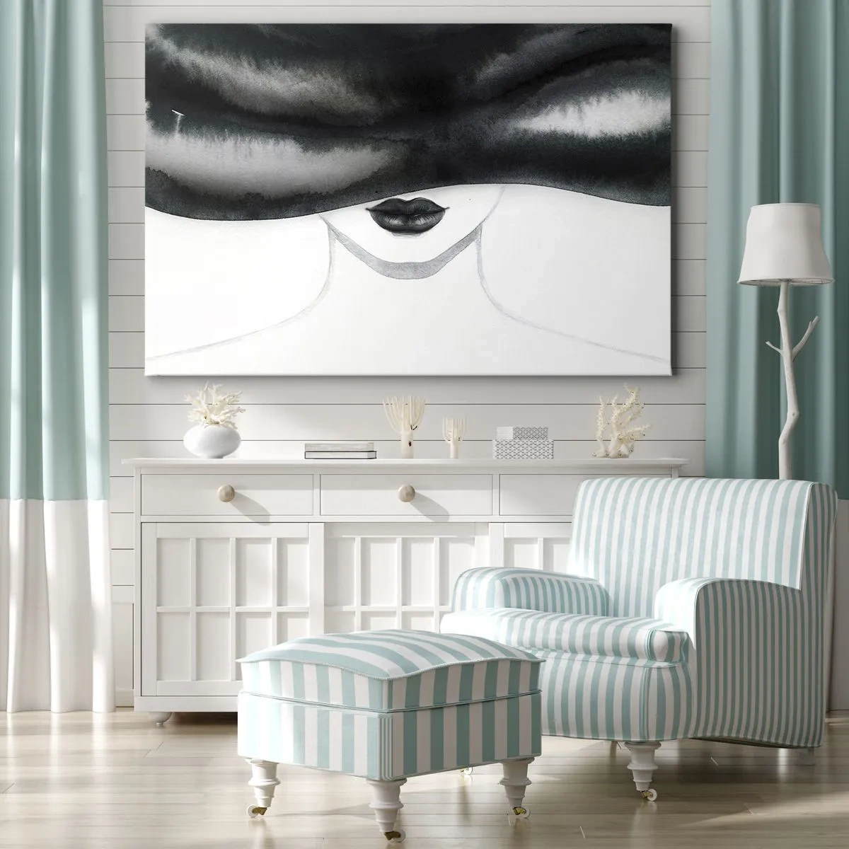 Cuadro sobre lienzo - Impresión de Imagen - Un retrato sutil de una mujer con el rostro cubierto en un estilo monocromático. - 70x50cm - Un misterio sensual - Decoración de pared moderna para salón y dormitorio ARTTOR
