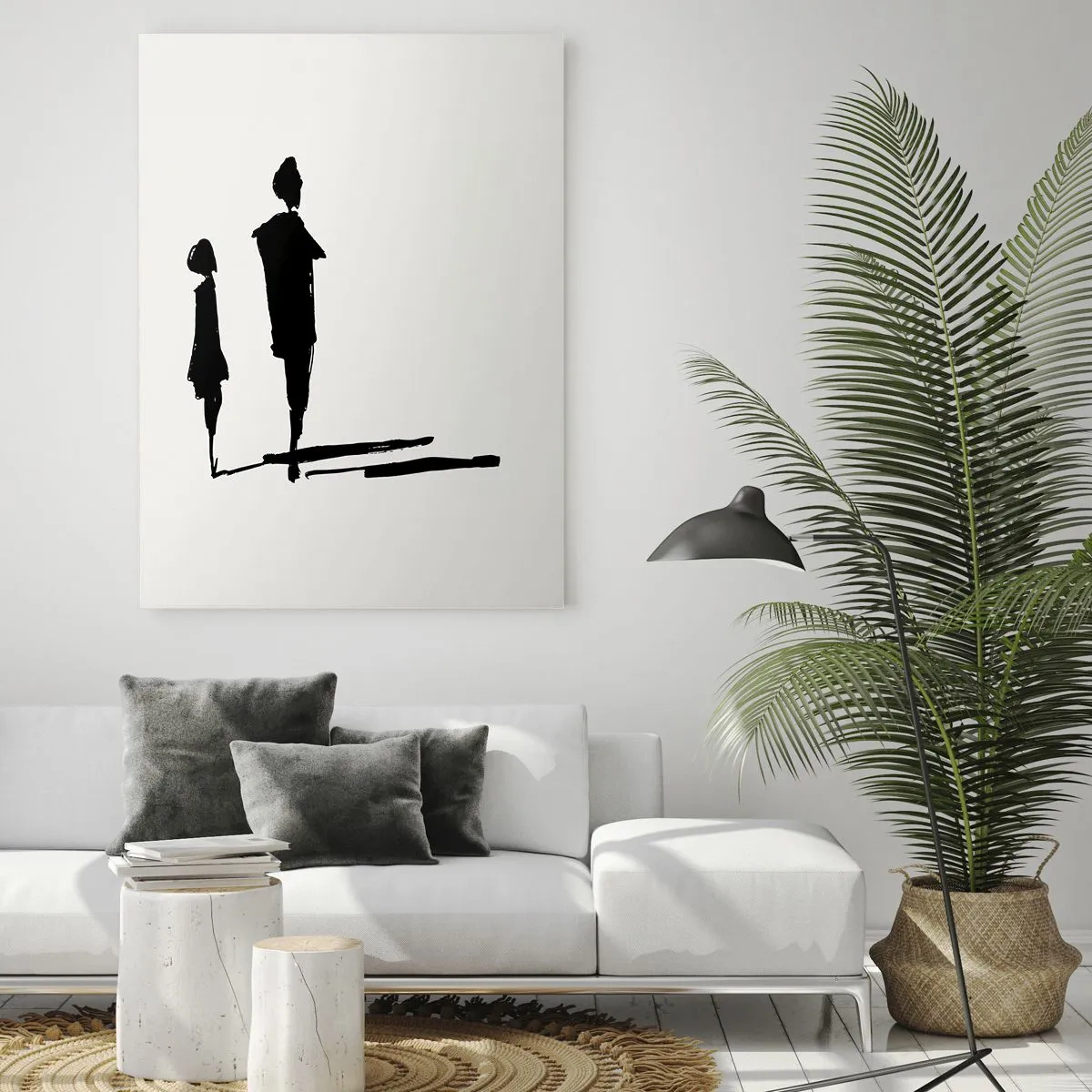 Cuadro sobre vidrio - Impresiones sobre Vidrio - Siluetas negras de dos figuras con sombras sobre un fondo claro - 50x70cm - ¿Seguro que juntos? - Decoración de pared moderna para salón y dormitorio ARTTOR