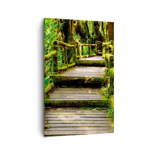 Cuadro sobre lienzo - Impresión de Imagen - Un puente de madera cubierto de musgo en una selva tropical. - 80x120cm - A través de un corredor verde - Decoración de pared moderna para salón y dormitorio ARTTOR