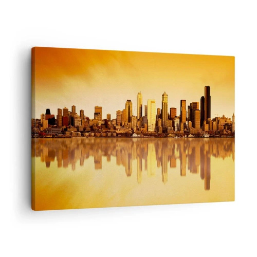 Cuadro sobre lienzo - Impresión de Imagen - Panorama de la ciudad reflejado en el agua al atardecer - 70x50cm - El silencio de la metrópoli - Decoración de pared moderna para salón y dormitorio ARTTOR