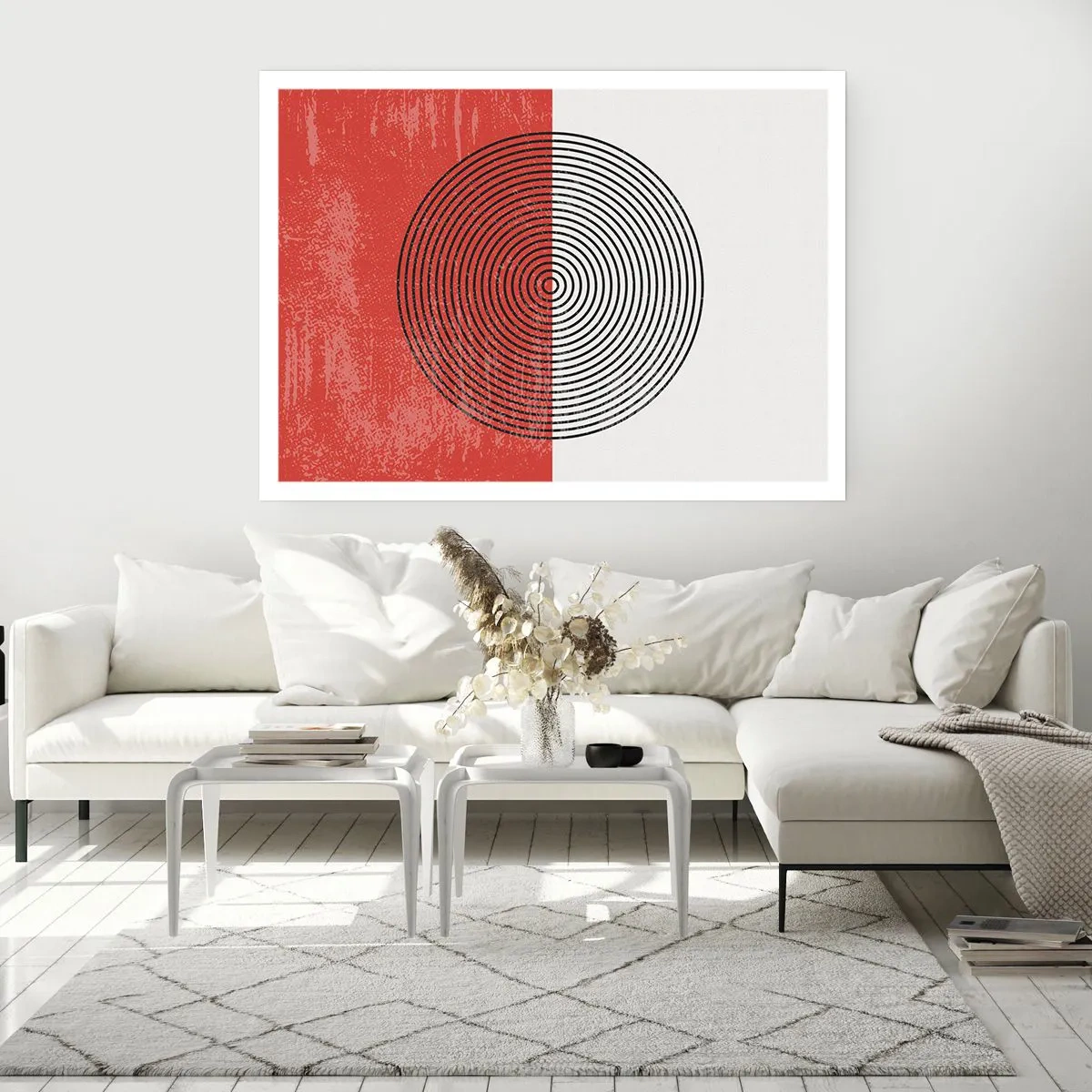 Póster - Patrón geométrico con círculos concéntricos sobre un fondo rojo y blanco. - 100x70cm - En el corazón de la misma - Decoración de pared moderna para salón y dormitorio ARTTOR