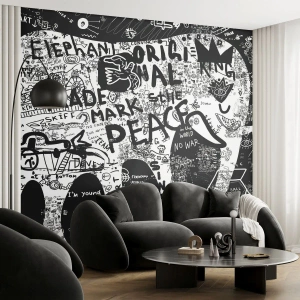 Fotomural Premium Canvas - Gráficos en blanco y negro con motivos de grafiti. - 100x70cm - El rico mundo de la calle - Decoración de pared moderna para salón y dormitorio ARTTOR