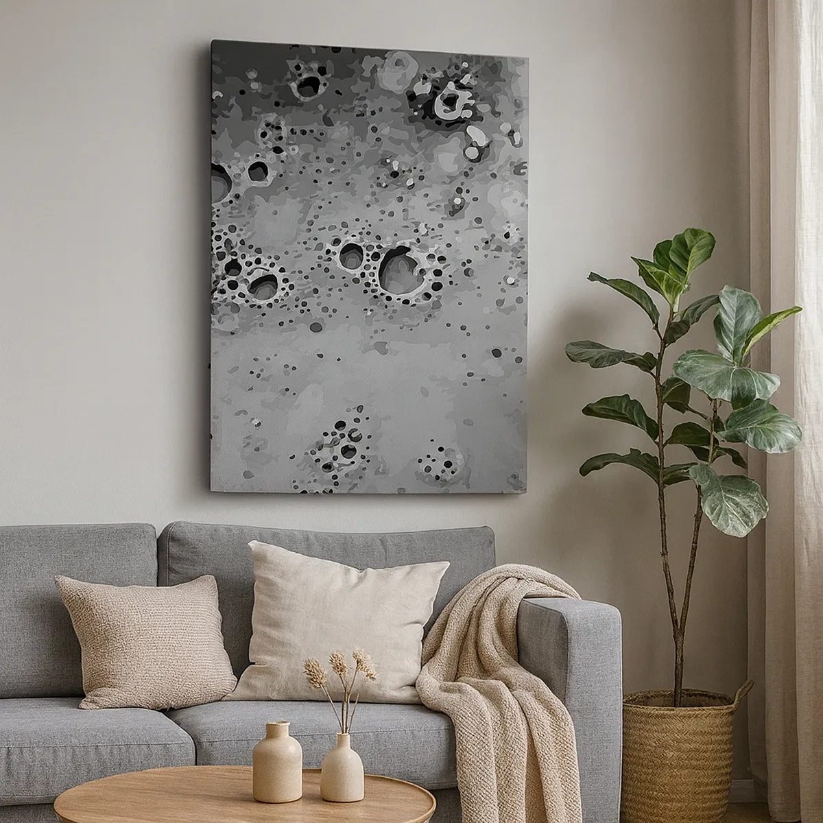 Cuadro sobre lienzo - Impresión de Imagen - Patrón abstracto de burbujas en blanco y negro - 50x70cm - Como un paisaje lunar - Decoración de pared moderna para salón y dormitorio ARTTOR