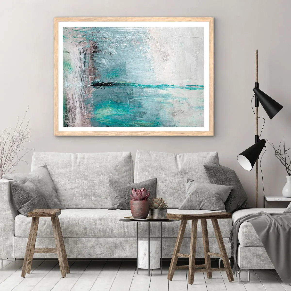 Póster en marco roble claro - Horizontalmente sobre el azul - 50x40 cm