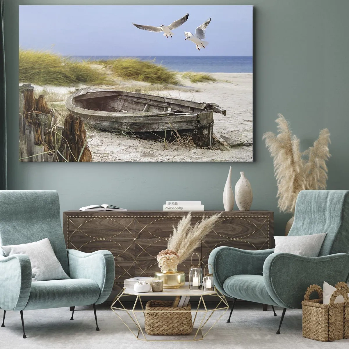 Cuadro sobre lienzo - Impresión de Imagen - Barco abandonado en una playa con gaviotas - 70x50cm - Bañada por el viento - Decoración de pared moderna para salón y dormitorio ARTTOR