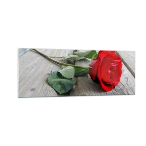 Cuadro sobre vidrio - Impresiones sobre Vidrio - Rosa roja sobre un fondo de madera - 140x50cm - Estudio en escarlata - Decoración de pared moderna para salón y dormitorio ARTTOR