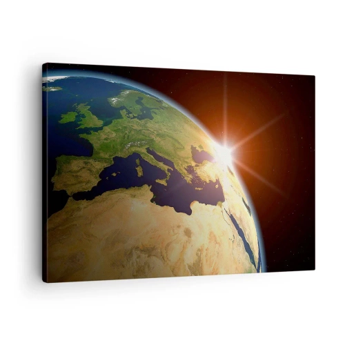 Cuadro sobre lienzo - Impresión de Imagen - Vista de la Tierra desde el espacio con rayos de sol en el horizonte - 70x50cm - Amanecer - Decoración de pared moderna para salón y dormitorio ARTTOR