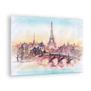 Cuadro sobre vidrio - Impresiones sobre Vidrio - Un panorama de París con la Torre Eiffel en un delicado estilo de acuarela. - 70x50cm - Única en el mundo - Decoración de pared moderna para salón y dormitorio ARTTOR