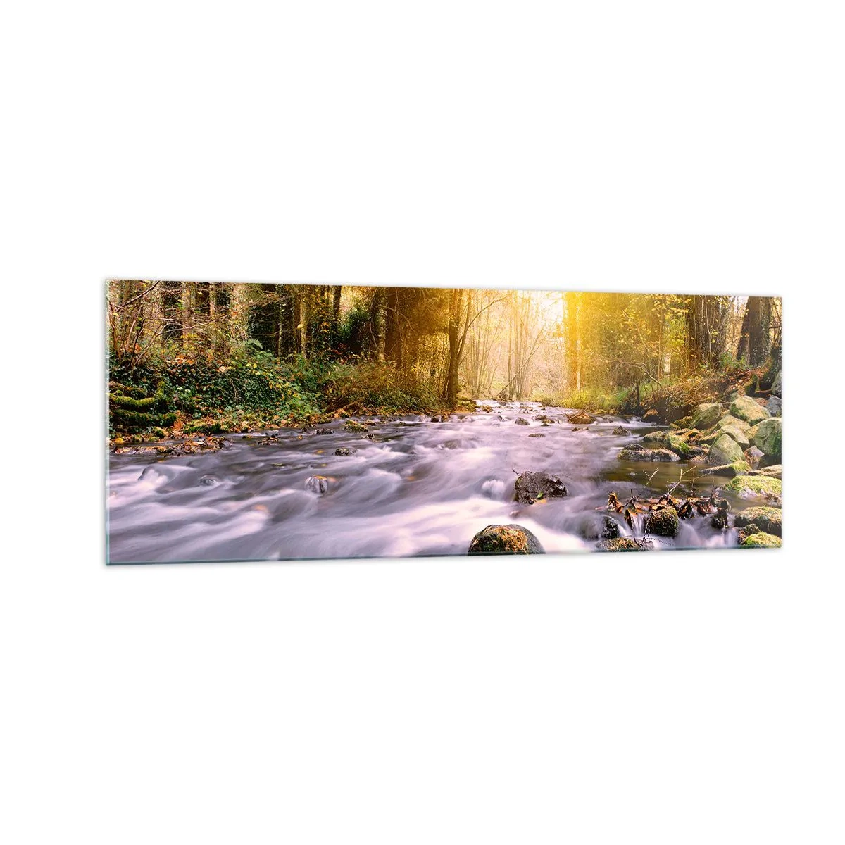 Cuadro sobre vidrio - Impresiones sobre Vidrio - Un arroyo forestal iluminado por los rayos del sol. - 140x50cm - Malaquita en un marco de plata y oro - Decoración de pared moderna para salón y dormitorio ARTTOR