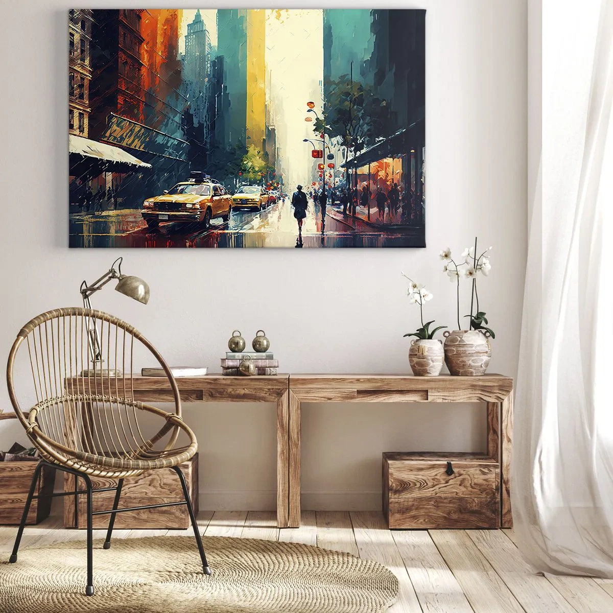 Cuadro sobre lienzo - Impresión de Imagen - Una ciudad bulliciosa con taxis y transeúntes. - 70x50cm - Nueva York - hasta la lluvia es colorida - Decoración de pared moderna para salón y dormitorio ARTTOR