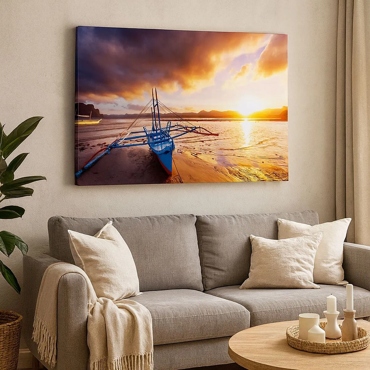 Cuadro sobre lienzo - Impresión de Imagen - Barco azul en la playa al atardecer - 70x50cm - Después de un largo día, relájate en la arena - Decoración de pared moderna para salón y dormitorio ARTTOR