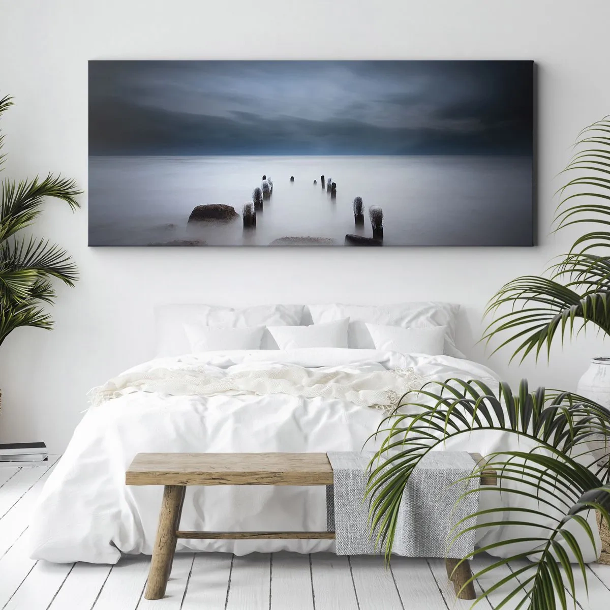 Cuadro sobre lienzo - Impresión de Imagen - El viejo muelle con el mar en calma como telón de fondo - 160x50cm - El lago del pensamiento - Decoración de pared moderna para salón y dormitorio ARTTOR