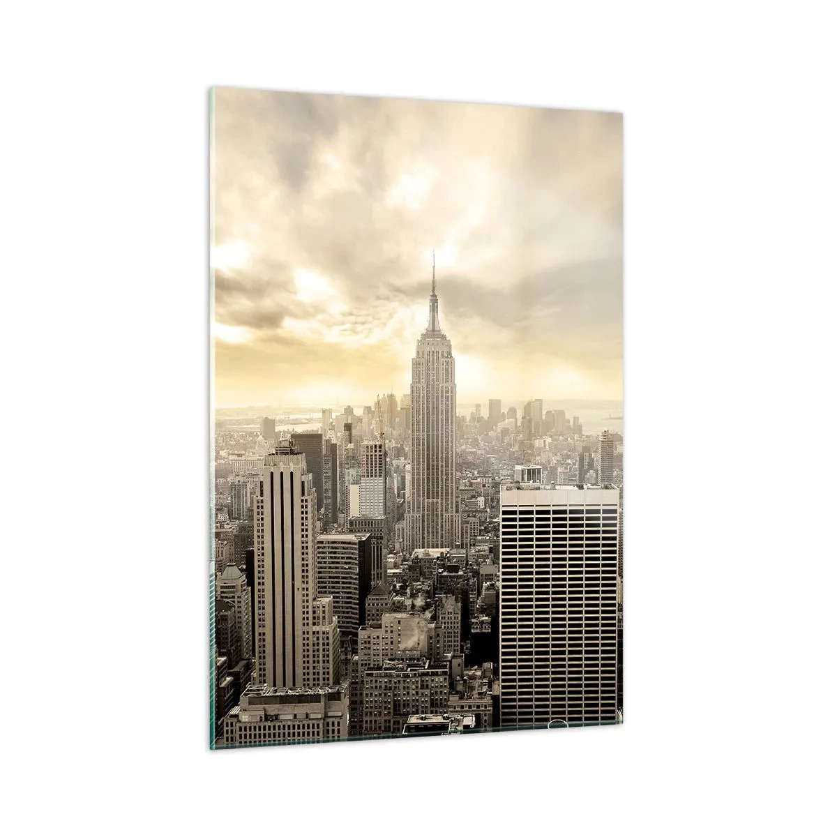 Cuadro sobre vidrio - Impresiones sobre Vidrio - Panorama de la ciudad con rascacielos y el Empire State Building - 50x70cm - Tejido neoyorquino en tonos grises - Decoración de pared moderna para salón y dormitorio ARTTOR