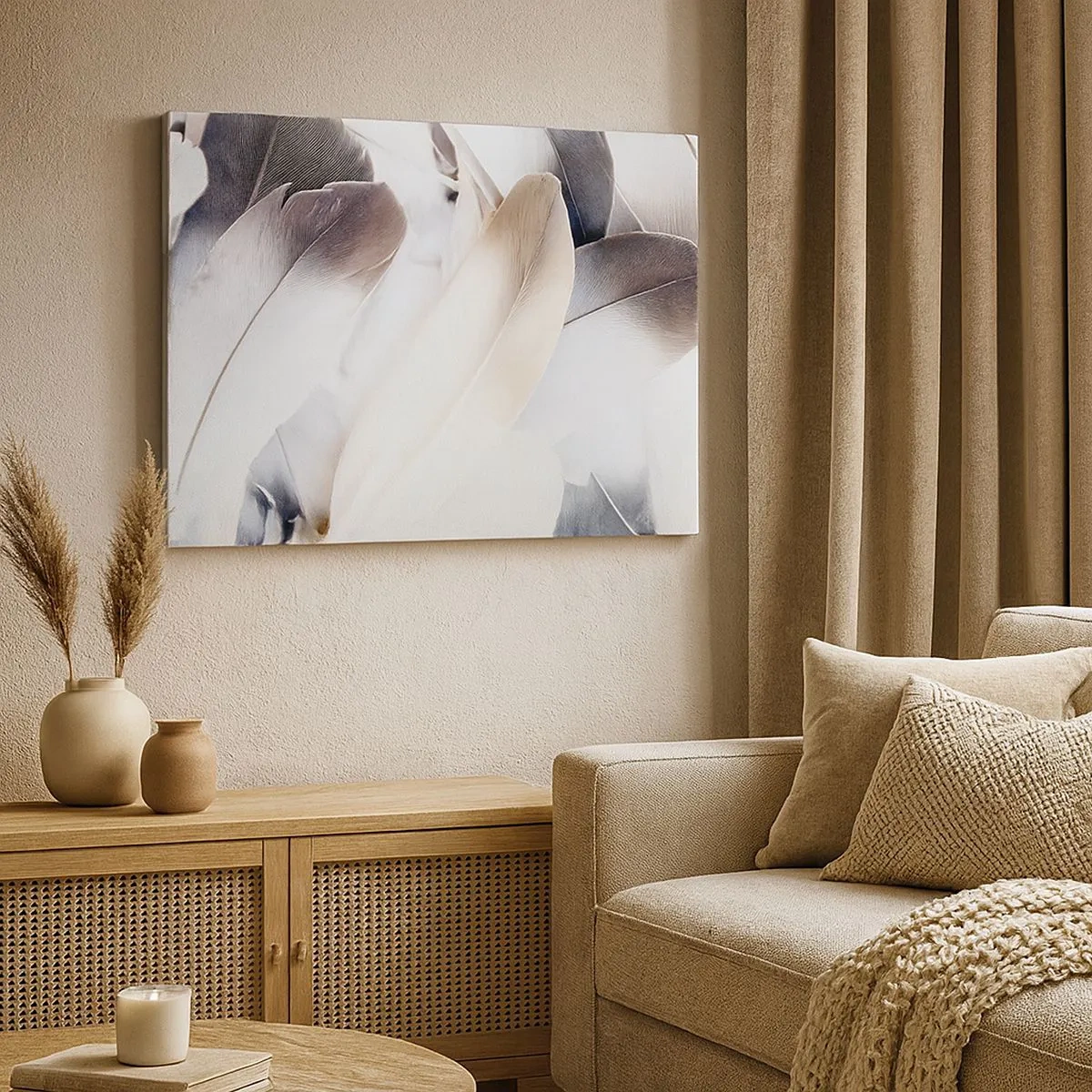 Cuadro sobre lienzo - Impresión de Imagen - Primer plano de delicadas plumas en tonos blancos y grises. - 70x50cm - Casi angelical - Decoración de pared moderna para salón y dormitorio ARTTOR