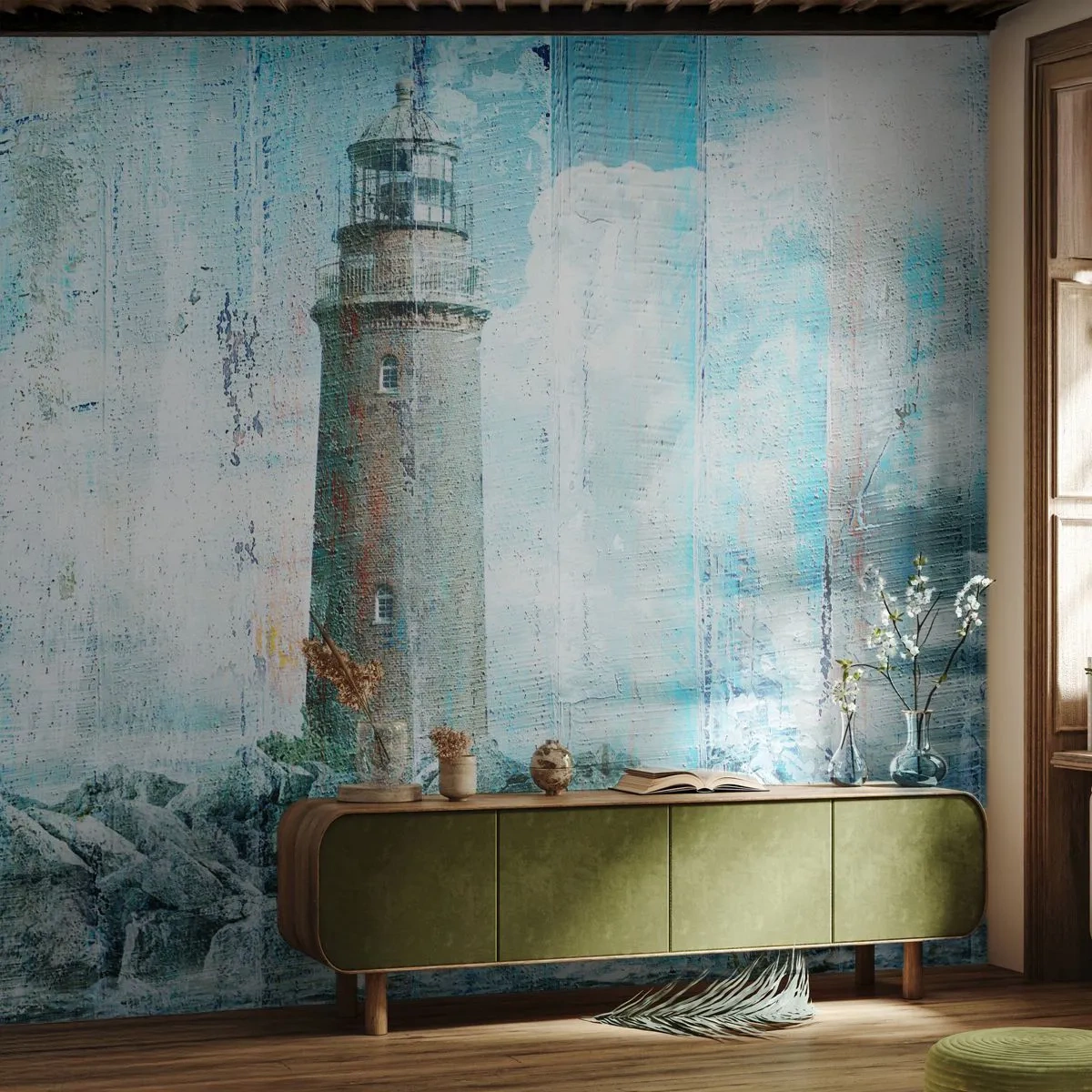 Fotomural Premium Sand - En madera vieja - Abstracción, Faro, Mar - 250x175 cm