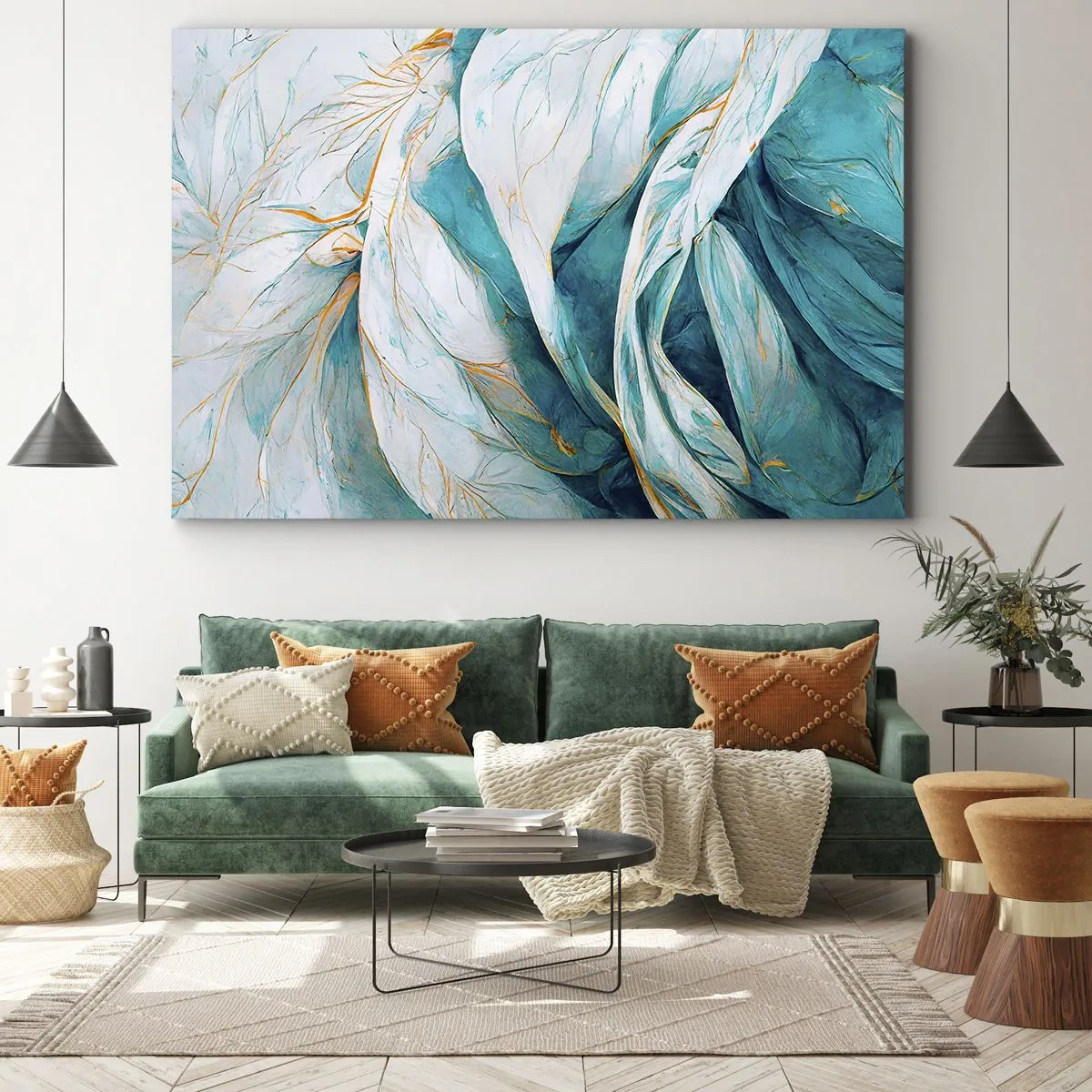 Cuadro sobre lienzo - Impresión de Imagen - Hojas azules abstractas con detalles dorados - 70x50cm - Abstracción azul con motivos dorados - Decoración de pared moderna para salón y dormitorio ARTTOR