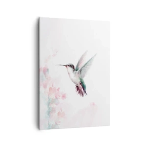 Cuadro sobre lienzo - Impresión de Imagen - Un colibrí en delicados colores pastel sobre un fondo de flores. - 50x70cm - Plasmando el aleteo - Decoración de pared moderna para salón y dormitorio ARTTOR