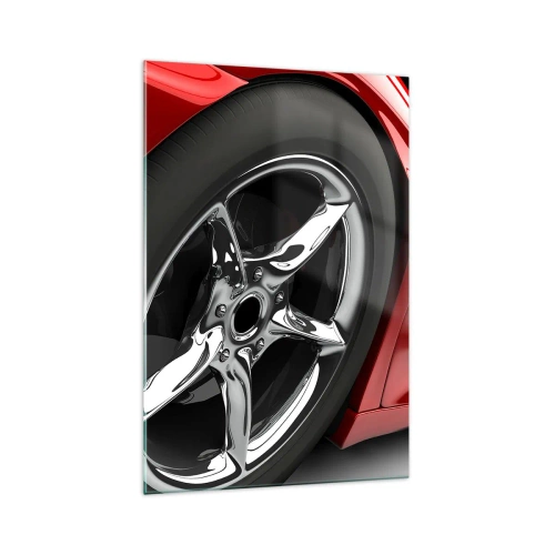 Cuadro sobre vidrio - Impresiones sobre Vidrio - Coche deportivo rojo con ruedas cromadas - 70x100cm - Creado para la velocidad - Decoración de pared moderna para salón y dormitorio ARTTOR