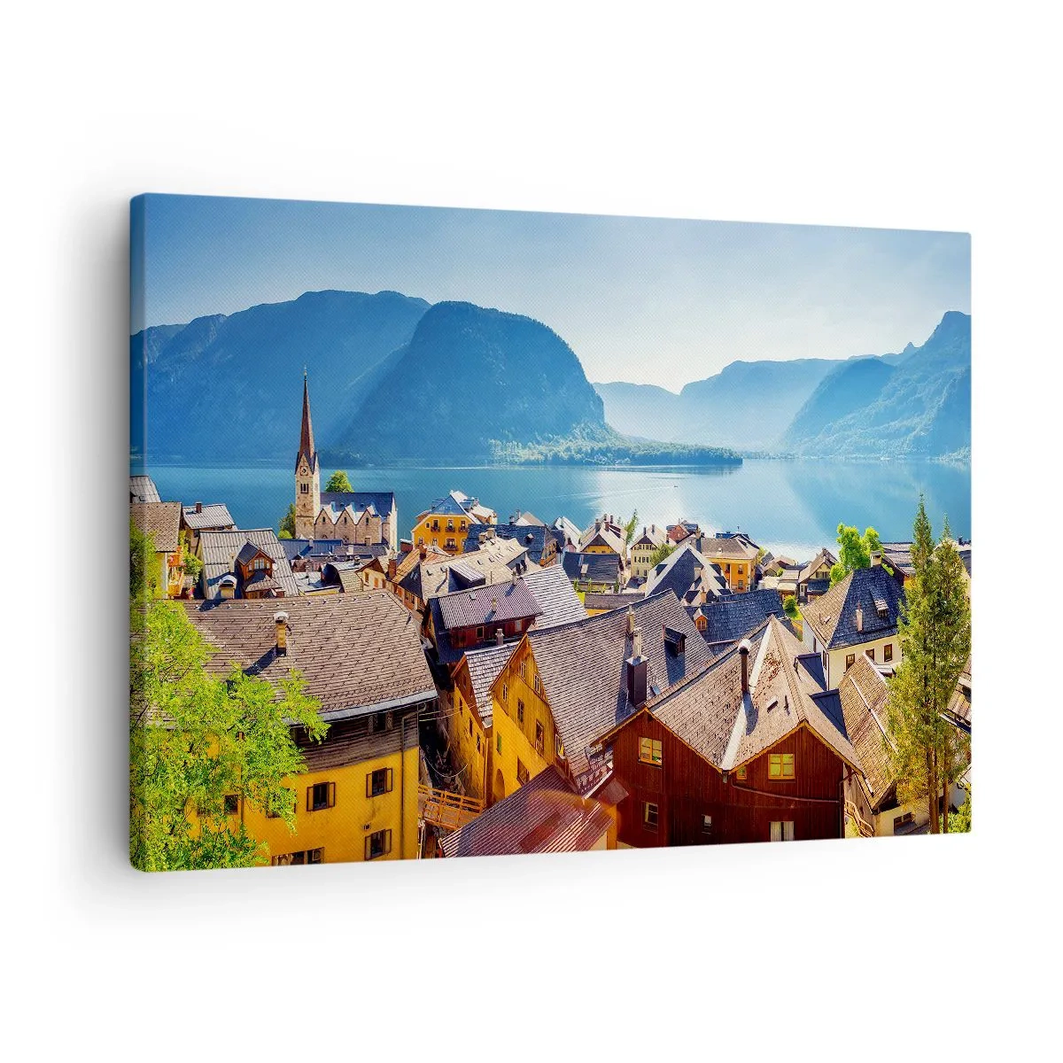 Cuadro sobre lienzo - Impresión de Imagen - Un pintoresco pueblo junto a un lago rodeado de montañas en un día soleado. - 70x50cm - No podría ser más pintoresco - Decoración de pared moderna para salón y dormitorio ARTTOR