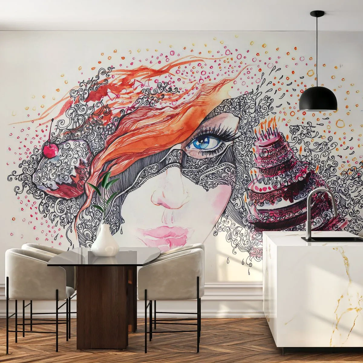 Fotomural Standard Eco - Con ella cada día es una fiesta - Abstracción, cara de mujer, Pastel - 200x140 cm
