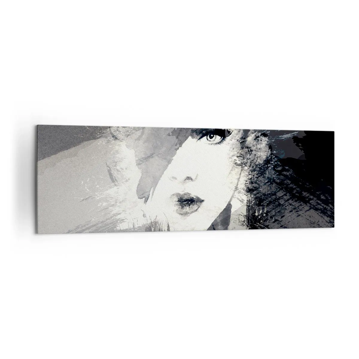 Cuadro sobre lienzo - Impresión de Imagen - Un retrato abstracto de una mujer en tonos grises con acentos delicados. - 160x50cm - Tras un velo gris - Decoración de pared moderna para salón y dormitorio ARTTOR