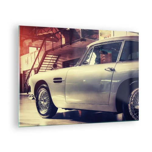 Cuadro sobre vidrio - Impresiones sobre Vidrio - Un coche clásico en un elegante interior de garaje. - 70x50cm - Los clásicos no envejecen - Decoración de pared moderna para salón y dormitorio ARTTOR