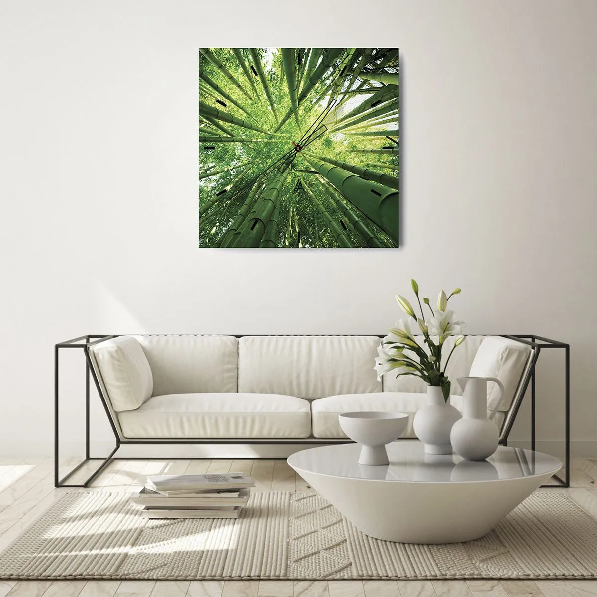 Reloj de pared - Reloj de vidrio - Vista hacia arriba a través de un bosque de bambú verde. - 30x30cm - En un bosquecillo de bambú - Decoración de pared moderna para salón y dormitorio ARTTOR