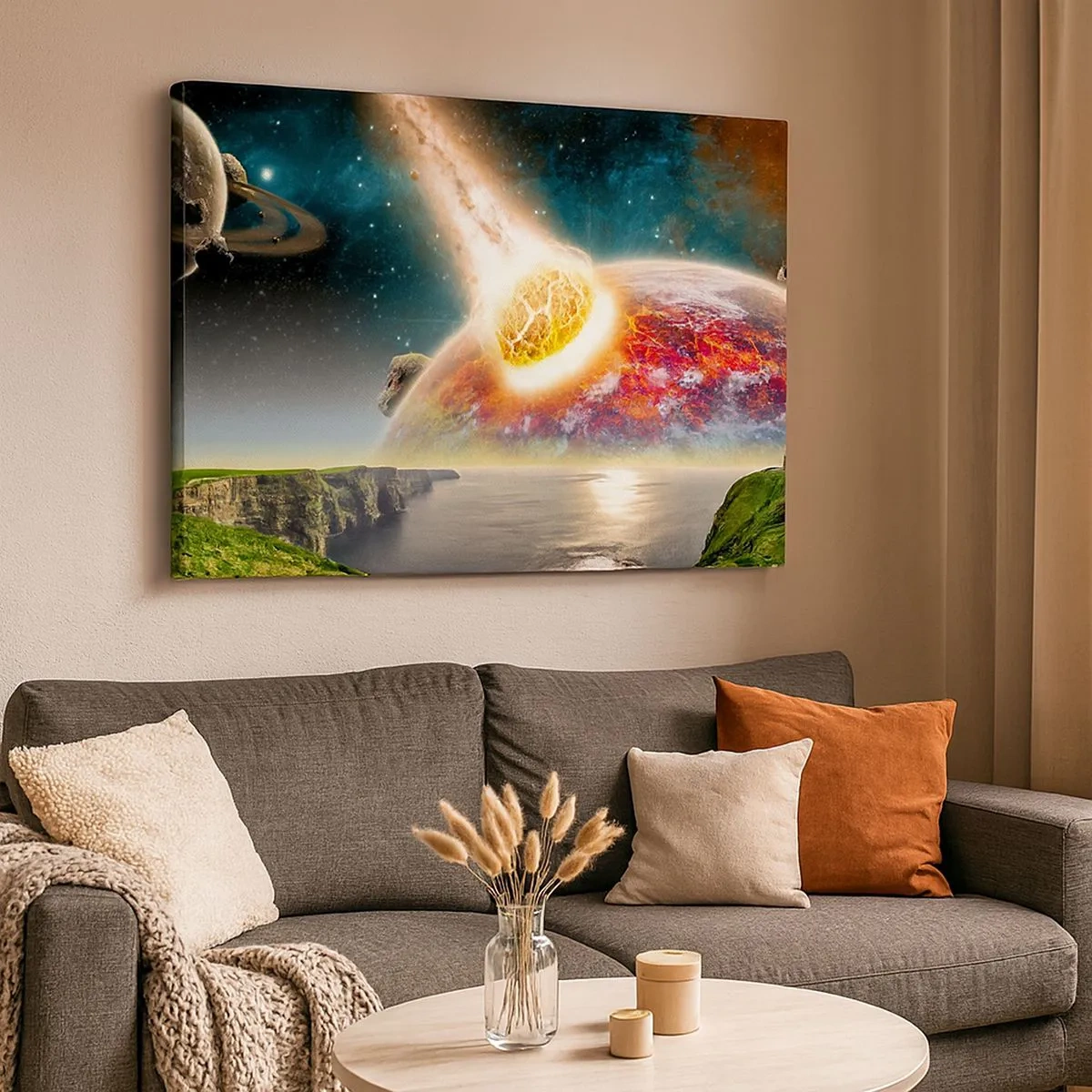 Cuadro sobre lienzo - Impresión de Imagen - Un meteorito choca con un planeta en un paisaje cósmico. - 70x50cm - Drama cósmico - Decoración de pared moderna para salón y dormitorio ARTTOR