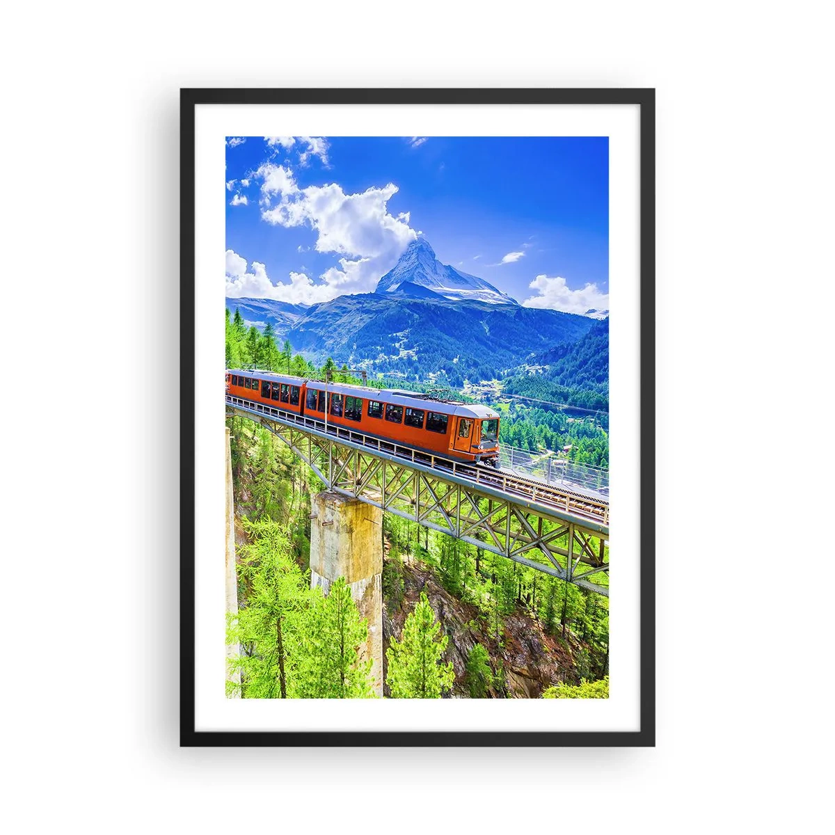 Póster en marco negro - Un tren sobre un puente en los Alpes con vistas al Matterhorn - 50x70cm - Ferrocarril a los Alpes - Decoración de pared moderna para salón y dormitorio ARTTOR