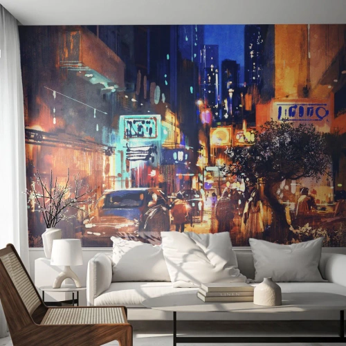 Fotomural Standard Eco - Una pintoresca escena urbana nocturna con luz de neón. - 100x70cm - Y la ciudad no duerme - Decoración de pared moderna para salón y dormitorio ARTTOR