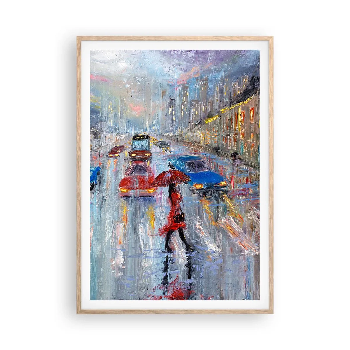 Póster en marco roble claro - Una tarde de lluvia en la ciudad - 70x100 cm