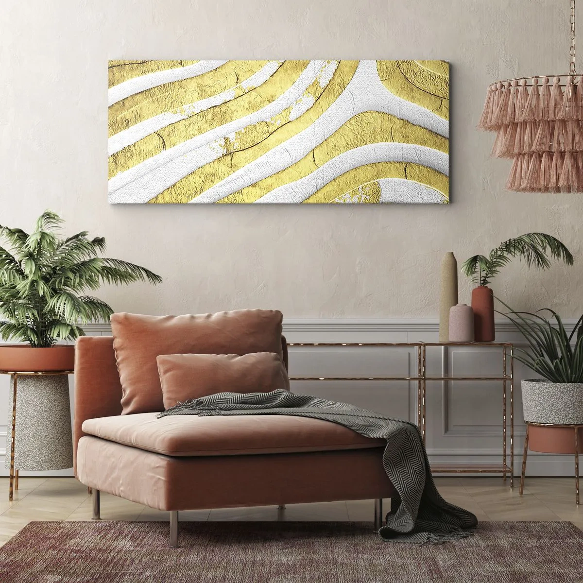 Cuadro sobre lienzo - Impresión de Imagen - Una composición en blanco y oro - 100x40 cm