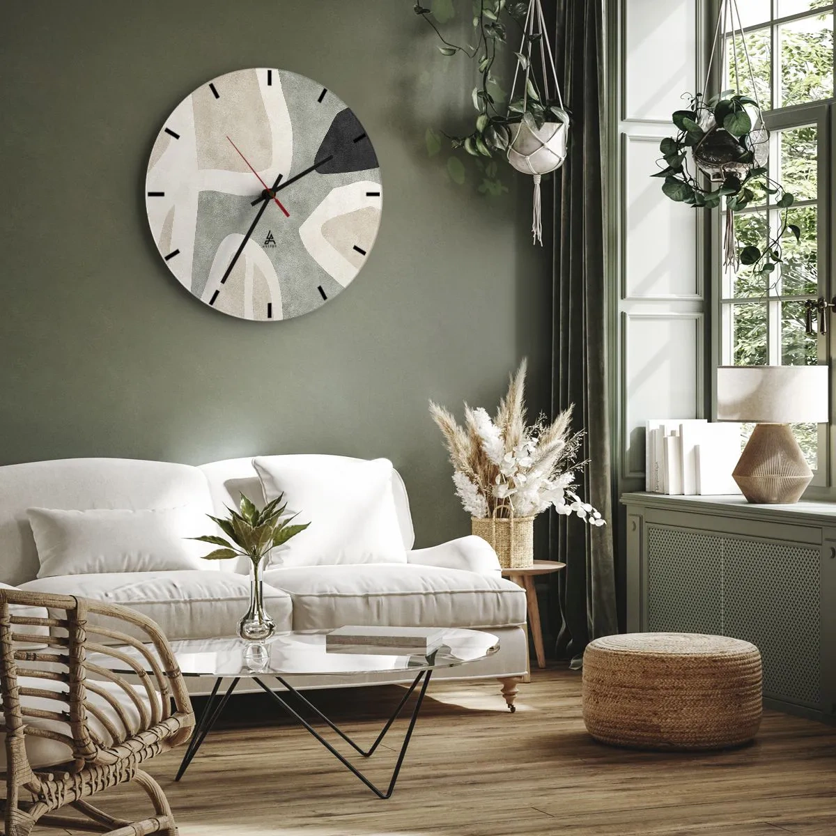 Reloj de pared - Reloj de vidrio - Formas orgánicas en beige, negro y verde sobre un fondo claro. - 30x30cm - Composición con un toque negro - Decoración de pared moderna para salón, cocina y dormitorio ARTTOR