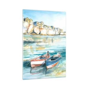 Cuadro sobre vidrio - Impresiones sobre Vidrio - Un pintoresco paisaje costero con barcos en el agua. - 80x120cm - Paisaje en azul - Decoración de pared moderna para salón y dormitorio ARTTOR