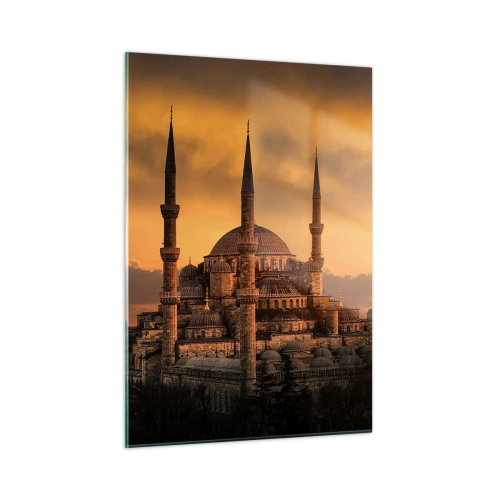 Cuadro sobre vidrio - Impresiones sobre Vidrio - La Mezquita Azul con el atardecer como telón de fondo - 50x70cm - Dios es grande - Decoración de pared moderna para salón y dormitorio ARTTOR