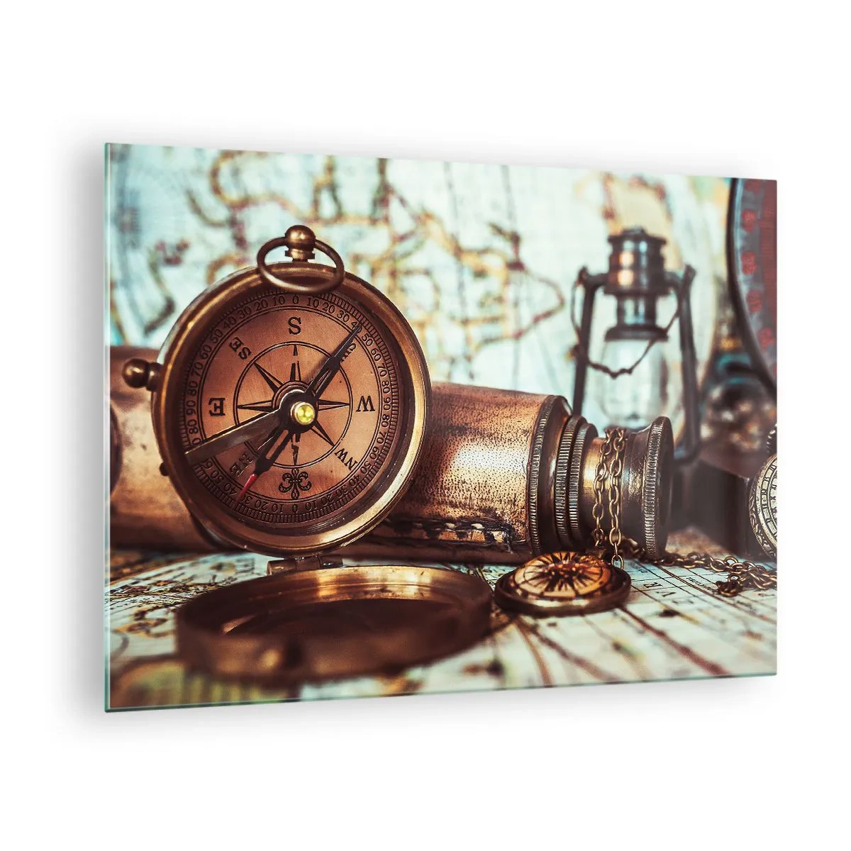 Cuadro sobre vidrio - Impresiones sobre Vidrio - Una brújula y un mapa antiguos con el telón de fondo de aventuras piratas. - 70x50cm - Te espera una aventura pirata en el Caribe - Decoración de pared moderna para salón y dormitorio ARTTOR