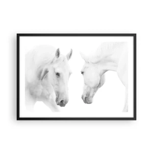 Póster en marco negro - Un retrato minimalista de dos caballos blancos. - 70x50cm - ¿Es esto realmente la amistad...? - Decoración de pared moderna para salón y dormitorio ARTTOR