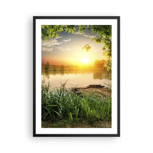 Póster en marco negro - Puesta de sol sobre el lago con un muelle - 50x70cm - Paisaje en un marco verde - Decoración de pared moderna para salón y dormitorio ARTTOR