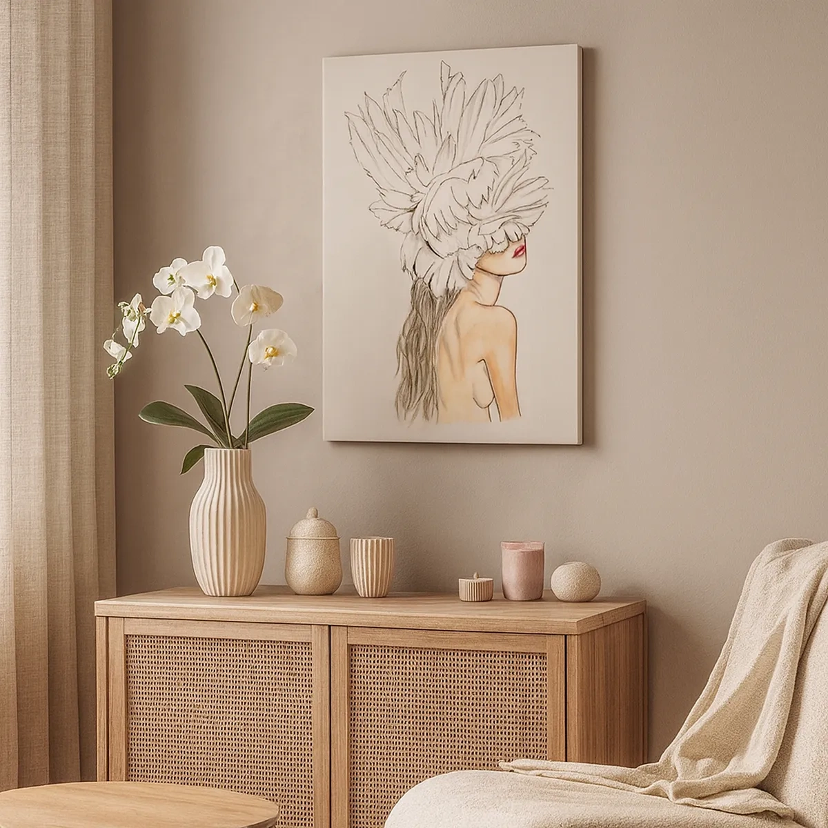 Cuadro sobre lienzo - Impresión de Imagen - Retrato de una mujer con decoración de plumas en estilo artístico. - 50x70cm - Belleza coronada - Decoración de pared moderna para salón y dormitorio ARTTOR