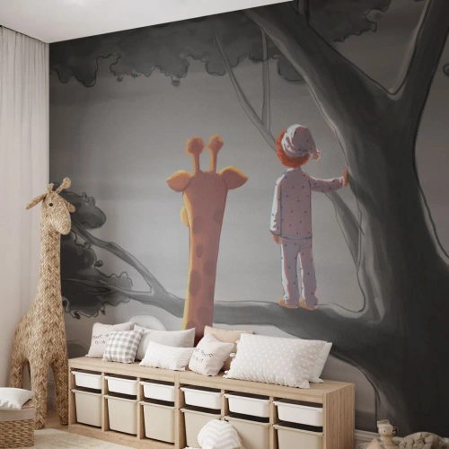 Fotomural Premium Sand - Un niño en pijama y una jirafa en un árbol durante el amanecer. - 100x70cm - ¿Está sucediendo de verdad? - Decoración de pared moderna para salón y dormitorio ARTTOR