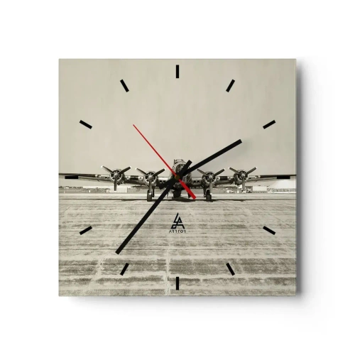 Reloj de pared - Reloj de vidrio - Avión histórico en el aeropuerto en sepia - 30x30cm - Como siempre, preparado - Decoración de pared moderna para salón y dormitorio ARTTOR